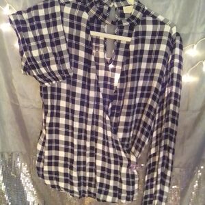 Michael Kors Soft Black & White Plaid Shirt with Notched Collar